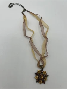 1928 Brand NECKLACE Bronze Colored Metal With Brown & Yellow Stones Sheer Ribbon - Picture 1 of 5