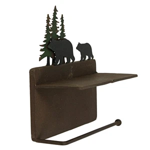 Rustic Brown Metal Walking Bear Toilet Paper Roll Holder With Phone Shelf - Picture 1 of 9