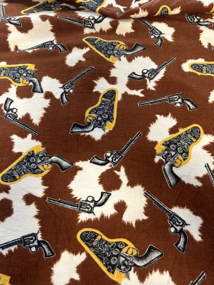 Rare Vintage Western Cowboy FLANNEL Fabric Pistols Holsters Cowhide 68in X 79in - Image 1 of 4
