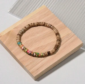 Vintage Handmade 6mm Sea Sediment Jasper Wood Beaded Bracelet Women Healing Gift - Picture 1 of 9