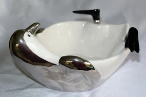 Department 56 Silver/White Porcelain Penguin Serving Bowl-Webbed Feet Spreaders - Picture 1 of 7