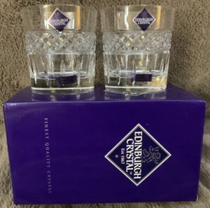 Pair Of New Boxed Edinburgh Crystal Jade Pattern Whiskey Tumblers Glasses - Picture 1 of 8