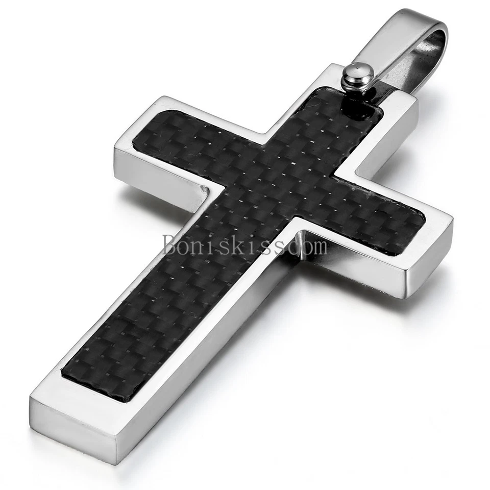 Men's Silver Stainless Steel Black Carbon Fiber Cross Pendant Necklace 22" Chain - Image 1 of 1