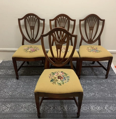 Shield Back Hepplewhite Chairs with Needlepoint Seats Set of Four Cover