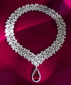 73.63 TCW Pear Ruby & Round Cut Pave Sapphire Floral Design Wedding Necklace - Picture 1 of 6