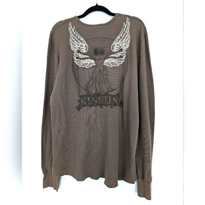 Y2K Kinetix Waffle Malha Henley Manga Longa Bordado Gráfico Grunge Tamanho XXL - Imagem 1 de 4