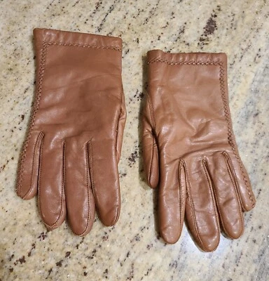 Vintage Womens Size M Brown Soft Leather Knit Lined 8.5" Gloves Weave Detail - Image 1 of 4
