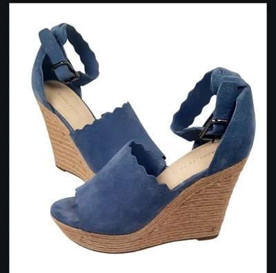 MARC FISHER Haya Scalloped Edge Espadrille Wedge Shoes Leather Blue Size 7M - Image 1 of 4