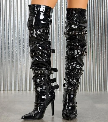 Women's Black Patent Leather Over Knee Buckle High Heels Shoes Boots Stilettos - Image 1 of 4
