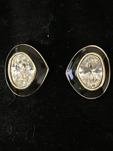 Christian Dior Gold Tone Big Rhinestone Crystal Black Enamel Clip On Earrings - Picture 1 of 9