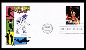 BASKETBALL YOUTH TEAM SPORTS COVERCRAFT CACHET 2000 FDC +INFO CARD UNADDR - Picture 1 of 1