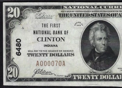 🇺🇸 IN 1929 $20  ♚♚ CLINTON, INDIANA ♚♚  PCGS ABOUT UNC 53 HARD TO FIND - Image 1 of 3