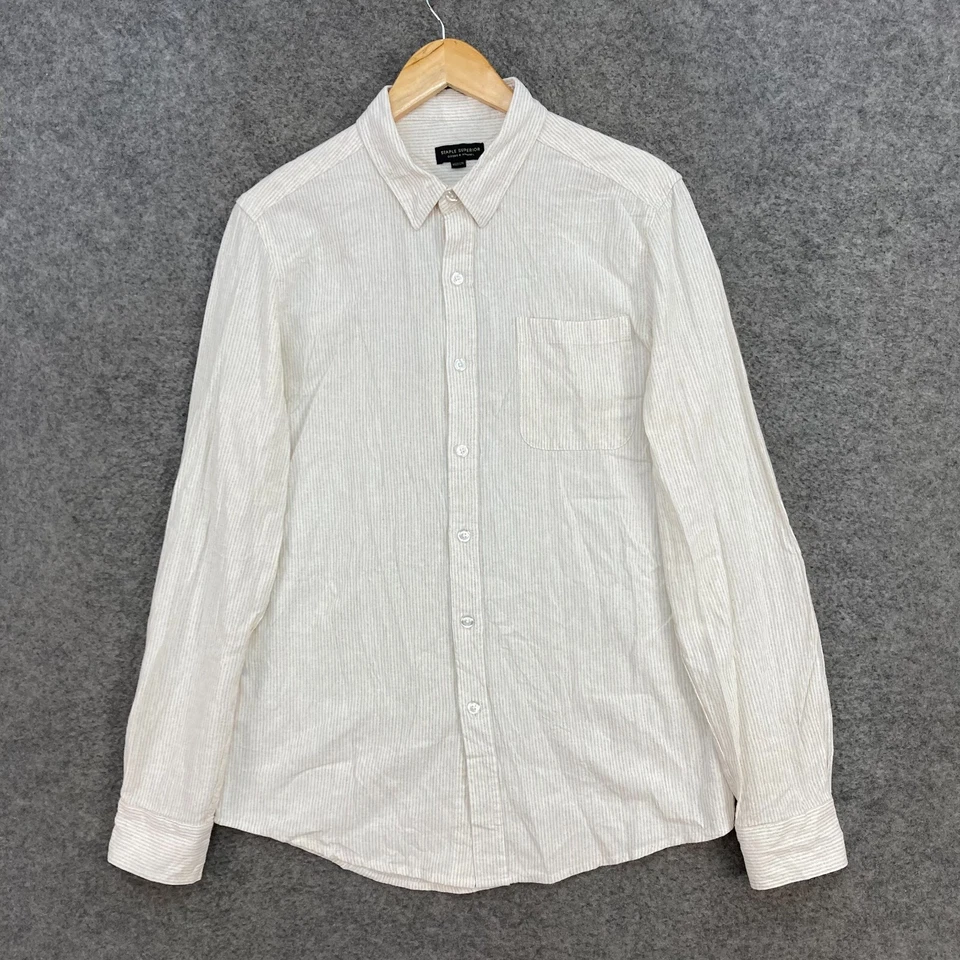 Staple Superior Shirt Mens Medium Beige Striped Button Up Long Sleeve 31609 - Image 1 of 4