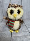 2015 RETIRED TY BEANIE BABY BOOS~WISE THE CHRISTMAS OWL BIRD WITH SCARF 6"~NEW
