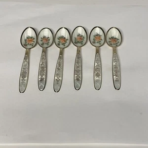 Aksel Holmsen Sterling Silver & Enamel Demitasse Spoons, Set of 6 Rose Pattern - Picture 1 of 11