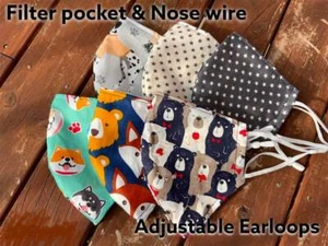 Washable Cotton Face Mask with nose wire filter pocket Reusable Adult bear dog - Picture 1 of 9