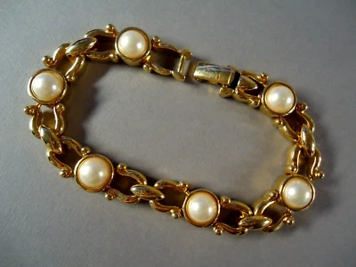 Vintage Erwin Pearl Gold Tone Simulated Pearl Fancy 7.5" Link Bracelet, Signed - Image 1 of 4