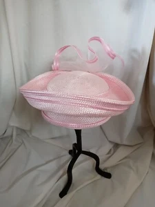 vtg Pink Skullcap Formal Church Hat Netting Organza Brim 11"x8" Head 7" - Picture 1 of 9