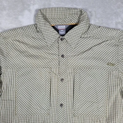 Camisa de investigación al aire libre para hombre mediana verde blanca a cuadros manga larga bolsillos con cremallera Foto 1 de 4