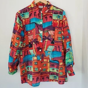 Vtg CHICO'S M 100% Linen Island Village Print Button Tunic Colorful Lightweight - Picture 1 of 13