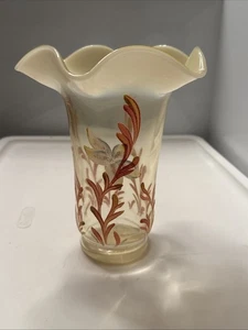 Fenton Silken Sand Opalescent Coral Hand Painted Vase Special Order Signed - Picture 1 of 9