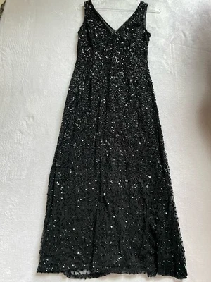 Maxi Vestido ADRIANNA PAPELL Evento Talla 10 Negro Transparente Secuencia Cuello en V Nuevo Foto 1 de 4