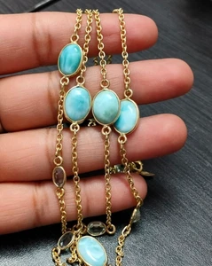 Natural Larimar Azul Topacio Piedras Preciosas Collar Largo Plata Chapado... - Imagen 1 de 4