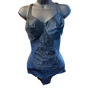 Vintage Bodysuit Girdle Nylon Lace Satin M Teddy Black Second Skin Silky Pin Up - Picture 1 of 10