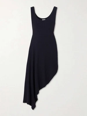DRIES VAN NOTEN Asymmetric Draped Ribbed Jersey Navy Blue Midi Dress Size S FX5 - Image 1 of 4