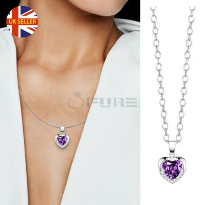 Purple Amethyst Gemstone Cute Heart Charm Pendant Necklace Womens Jewellery New - Image 1 of 4