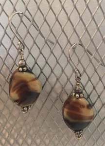 Handmade Sterling Silver & vintage brown swirl glass bead earrings 15mm .925 - Picture 1 of 7