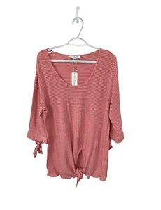 Womens XXL Top Salmon Pink Stripe Tunic 3/4 Sleeve Tie Cuff Knot Hem New - Picture 1 of 5