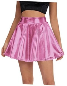 Women's Shiny Flared Pleated Mini Skater Skirt Large Pink - Picture 1 of 8