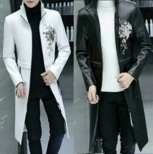 Printing Mens Eco Leather Trench Coat Slim Fit Parka Hooded/Stand Collar Fashion - Picture 1 of 16