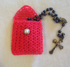 Crochet Watermelon Pink with Dark Pink Lining Buttoned Rosary Jewelry Pouch