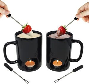 Fondue Mugs Set of 2 | Ceramic Mugs for Chocolate or Cheese | Includes Forks