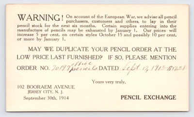 1914 Pencil Exchange WWI Shortage Warning Jersey City NJ Postcard Draper Co - Image 1 of 3