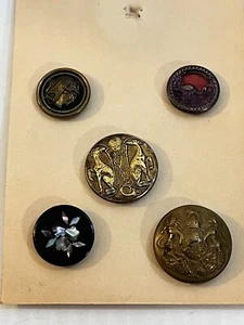 Antique Lot 5 Brass Relief Metal Abalone Buttons Dogs Soldier Bird Crane Lion - Picture 1 of 6