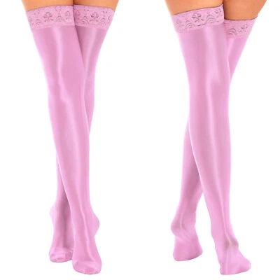 Meia-calça feminina sexy brilhante de renda coxa alta Stay Up óleo brilhante transparente - Imagem 1 de 4