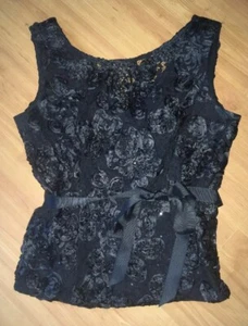 Alex Evening Black Lace Top Women’s Sleeveless Dress Blouse Sash S/P Preowned - Bild 1 von 12