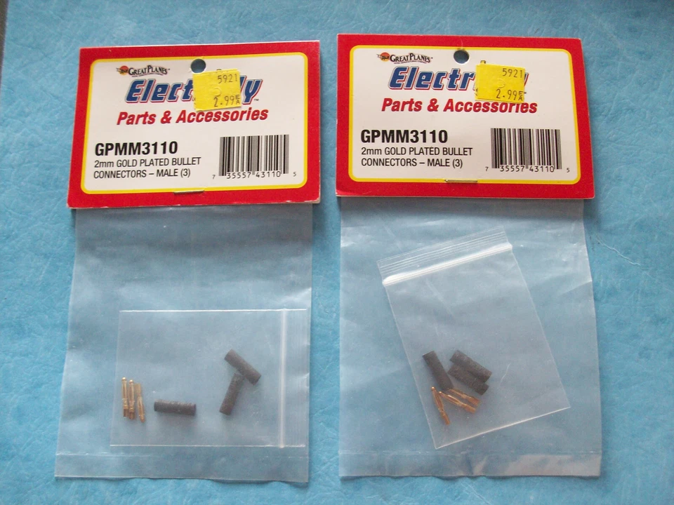 GREAT PLANES 3110 X2 2MM GOLD PLATED MALE BULLET CONNECTORS (3) GPMM3110 NIP X2 - Image 1 of 1