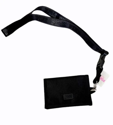Victoria Secret Pink Keychain Mesh Pocket Lanyard Wallet Solid Black Print - Image 1 of 3