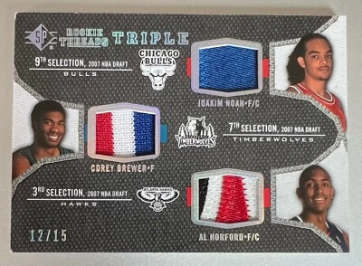 2007 UD SP ROOKIE THREADS Joakim Noah Brewer AL HORFORD TRIPLE PATCH RC #12/15 - Image 1 of 2