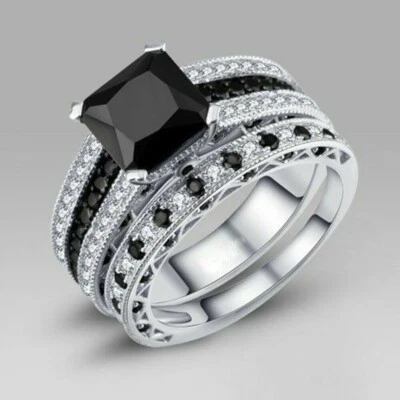 3.50 Ct Princess Black Lab Created 14K White Gold Finish Wedding Bridal Set Ring - Image 1 of 4