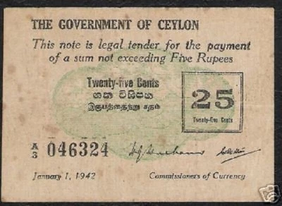 CEYLON 25 CENTS P-40 1942 SRI LANKA GOVT. UNI FACE MONEY RARE BILL BANK NOTE - Image 1 of 3