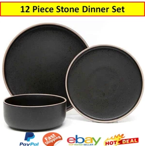 12 Piece Stoneware Dinner Set Dining Gift Stone Plates Bowls Black Gift Modern - Picture 1 of 12