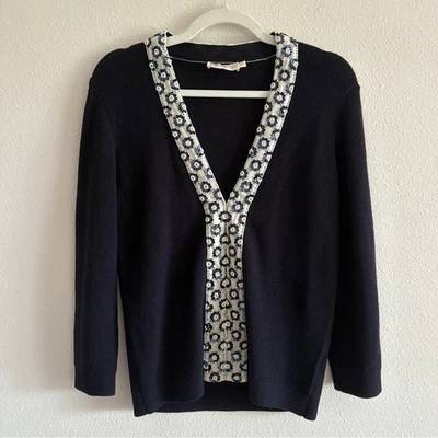 Tory Burch Merino-Wool Cardigan Sweater Embellished Sequins Women’s Medium Navy - Image 1 of 4