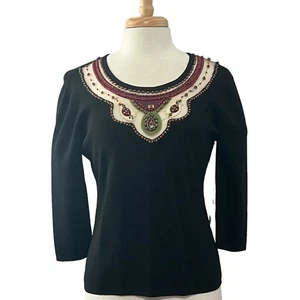 JOSEPH A Women's XL Egyptian Beaded Black Nylon Stretch Top NWT - Picture 1 of 7