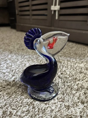 Handblown Cobalt Blue Glass Glass Pelican, Fish In Pouch Paperweight Vintage - Image 1 of 3