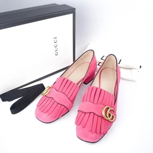 GUCCI GG Marmont Logo Leather Loafers size EU38 Pink Block Heel Boxed - Picture 1 of 24